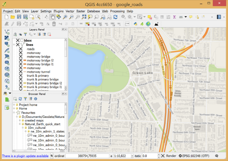 capture d'écran du logiciel qgis 4cc6650 affichant une carte routière de seattle avec le quartier green lake, incluant un panneau de couches avec différentes catégories de routes