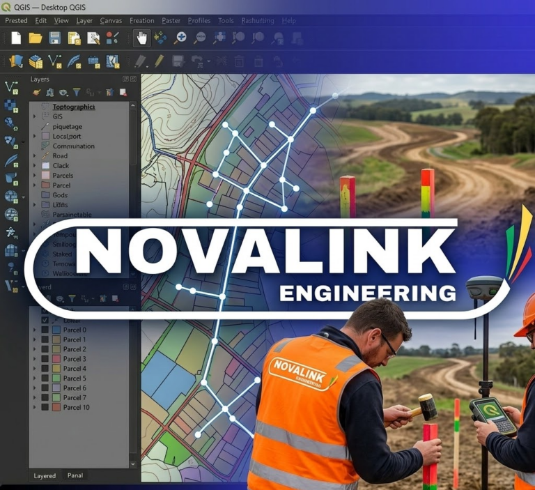 Visuel promotionnel de Novalink Engineering combinant une interface QGIS avec des couches de parcelles, une carte topographique, un réseau de points géolocalisés, et deux techniciens en gilet orange effectuant un piquetage sur le terrain.